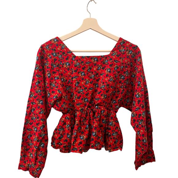 Romantic Cottagecore Red Floral Peplum Blouse | Square Neck Puff Sleeve Small - Picture 14 of 14